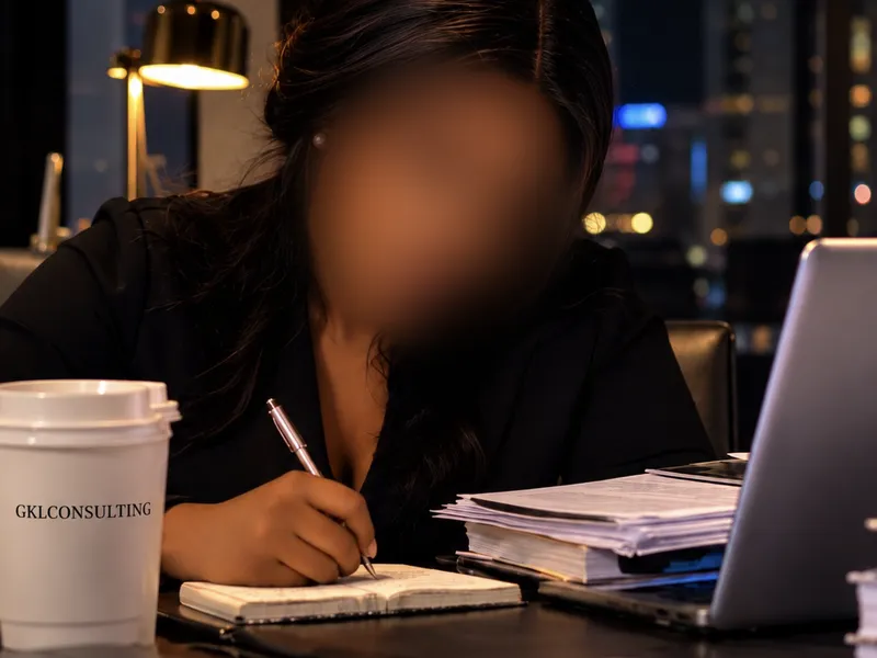 Étude de dossiers et de documents face à la ville, visage flouté