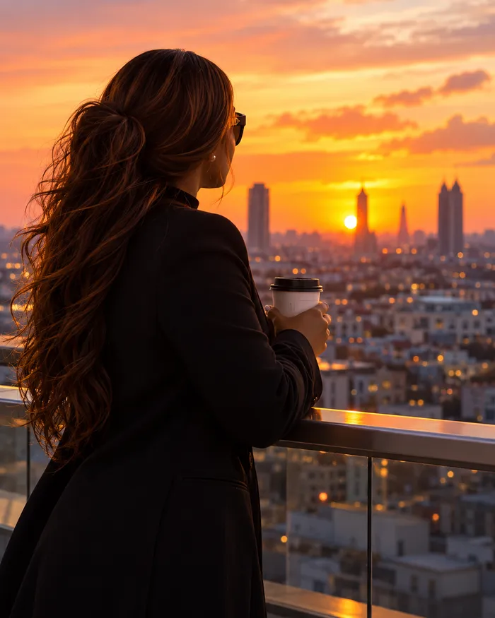 Vue de dos face à la ville au coucher du soleil